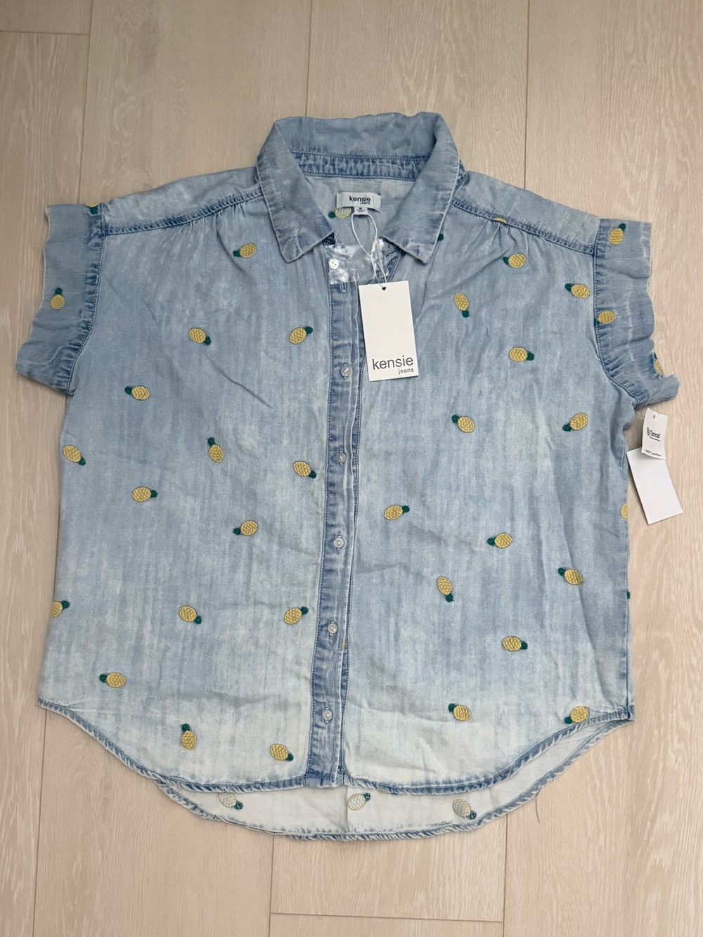 Kensie Light Blue Denim Button-Down Shirt with Yellow Pineapple Embroidery